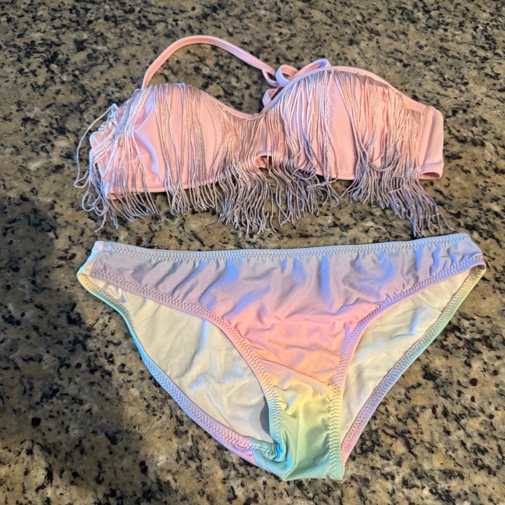 ASOS Swim Pink Fringe Pastel Rainbow Bikini